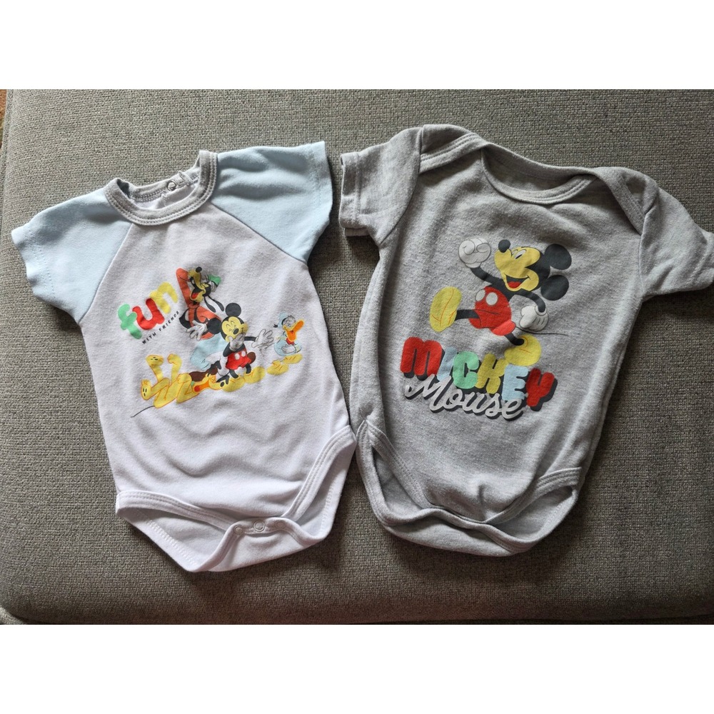 Disney Baby Mickey Mouse Friends Bodysuit Set 2pk Gray White Blue 6M Romper
